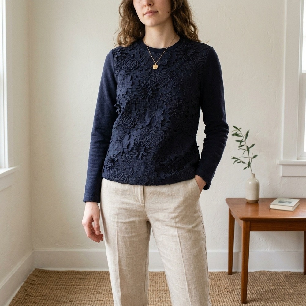 Tory Burch Womens Top XS Navy Blue Floral Lace Front Long Sleeve Sweatshirt